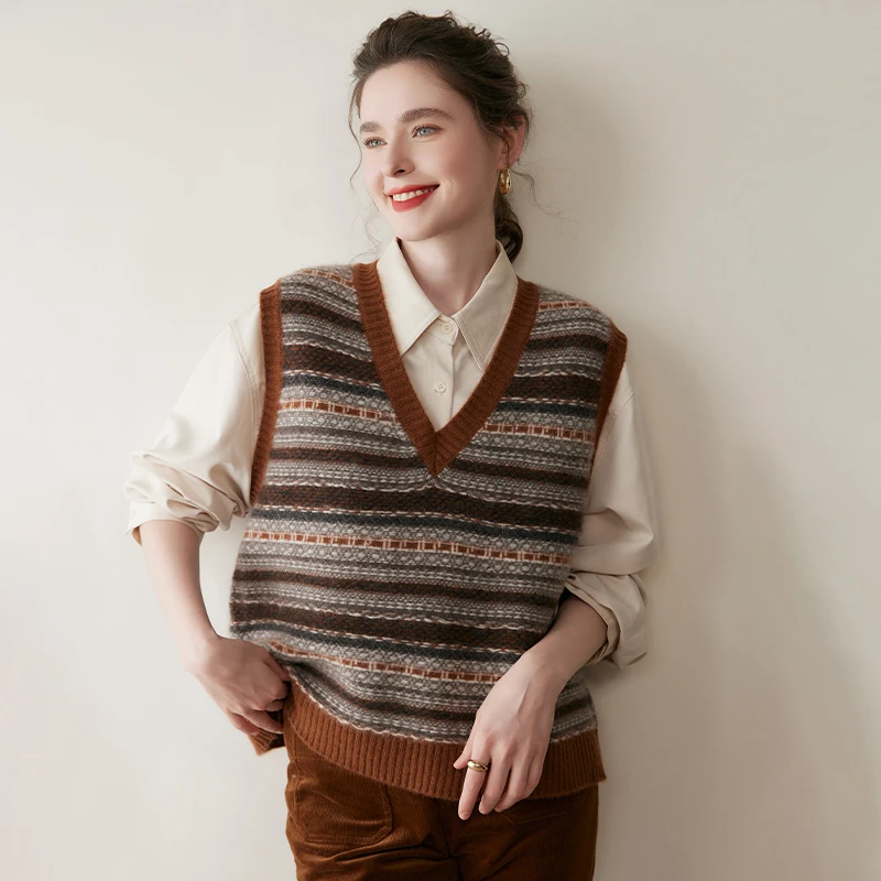 秋冬季新款女装复古拼接V领马甲女无袖羊绒衫大码百搭马夹上衣