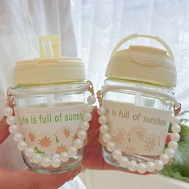 ins风手链杯双饮吸管杯女生高颜值珍珠杯玻璃水杯简约便携咖啡杯