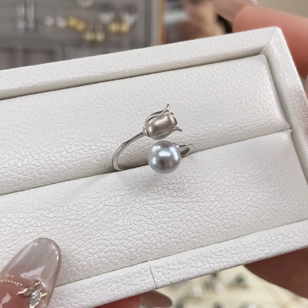 海水珍珠戒指银S925镶嵌真多麻郁金香