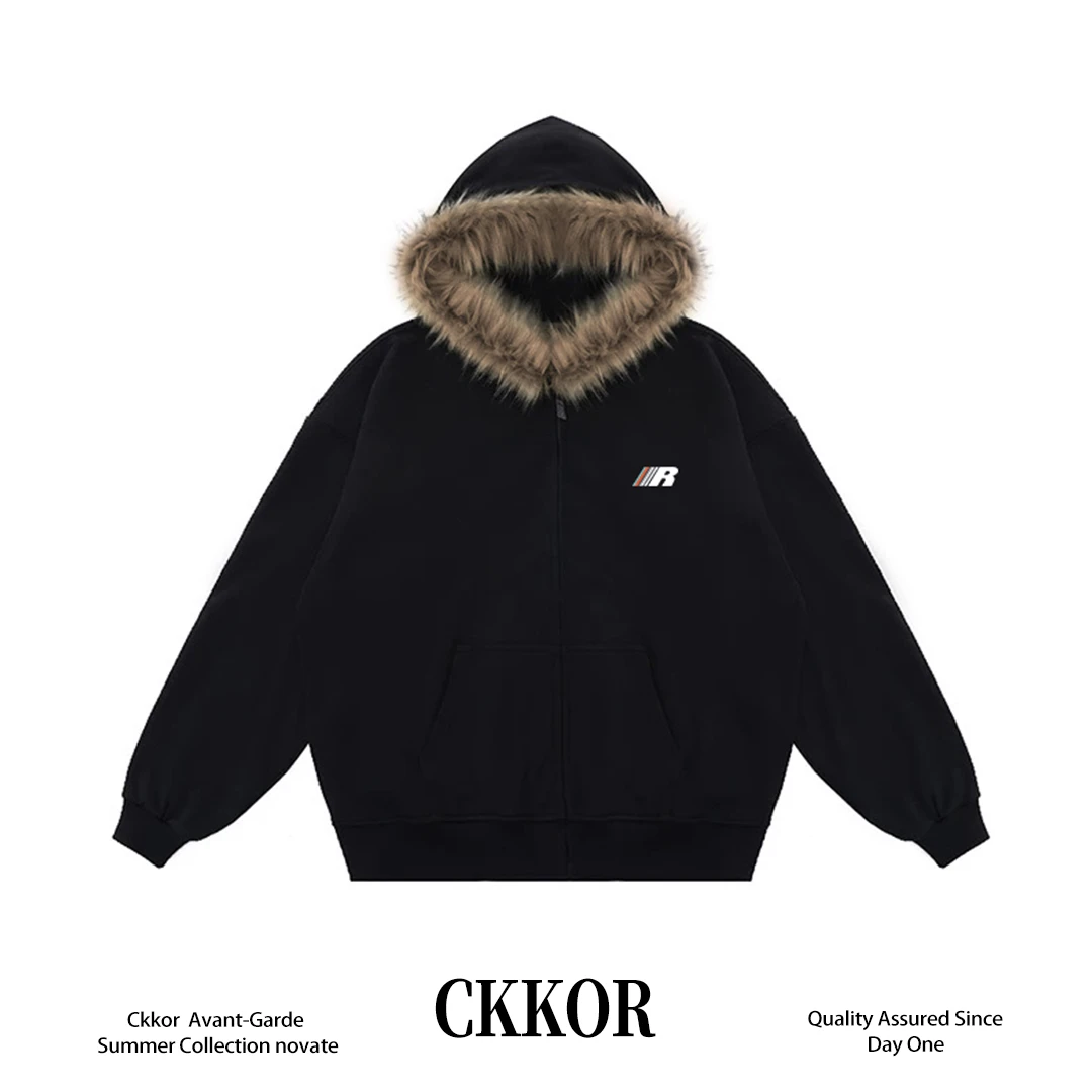 CKKOR美式潮牌流行时尚毛领连帽开衫慵懒风新款时尚洋气百搭女装