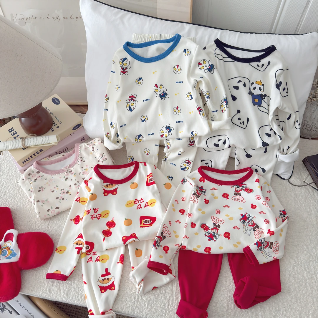 【7A抗菌新年款家居服】儿童大红睡衣保暖内衣男女秋衣秋裤两件套