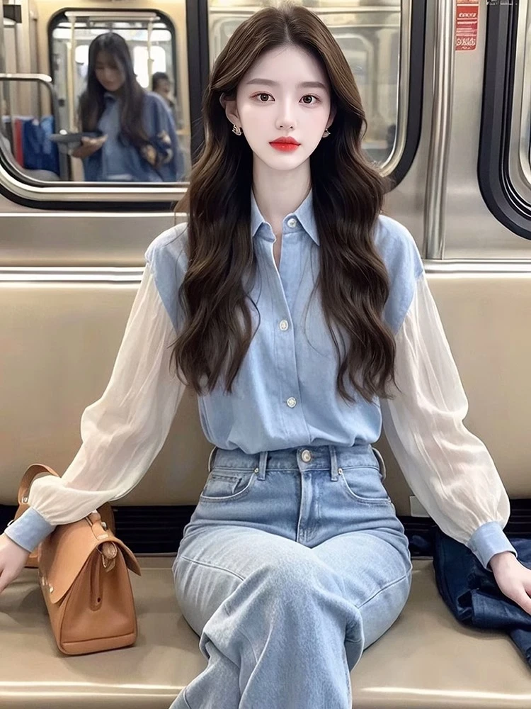 法式气质蓝色拼接长袖衬衫女2025春季内搭外穿高级感别致上衣女