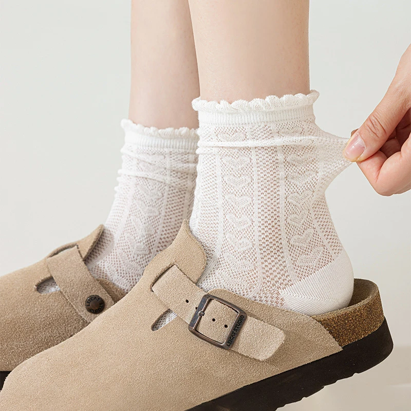 白色网眼袜子女夏季薄款中筒袜ins潮可爱花边无骨堆堆袜2025爆款