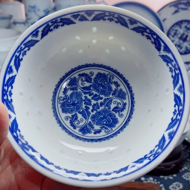 青花玲珑6寸面碗牡丹花荷叶边11个Y*Q