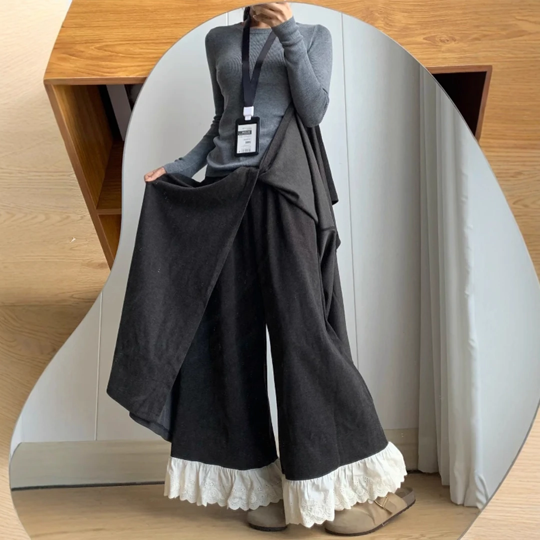 今年流行梧桐裤裙裤假两件大码女胖mm慵懒风蕾丝拼接毛呢阔腿裙裤