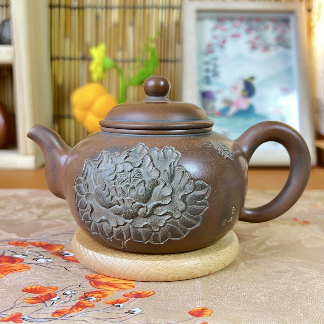 广西钦州坭兴陶牡丹壶精工制作纯手工手拉坯古铜色泡茶壶茶具