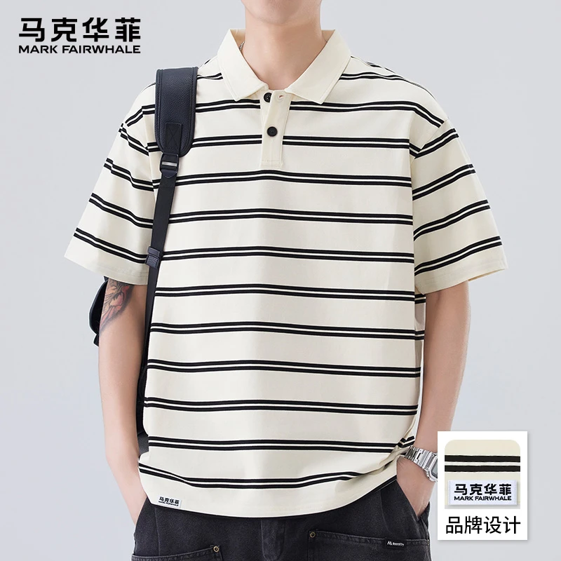 马克华菲条纹翻领短袖T恤男2025夏季薄款宽松美式休闲半袖POLO衫