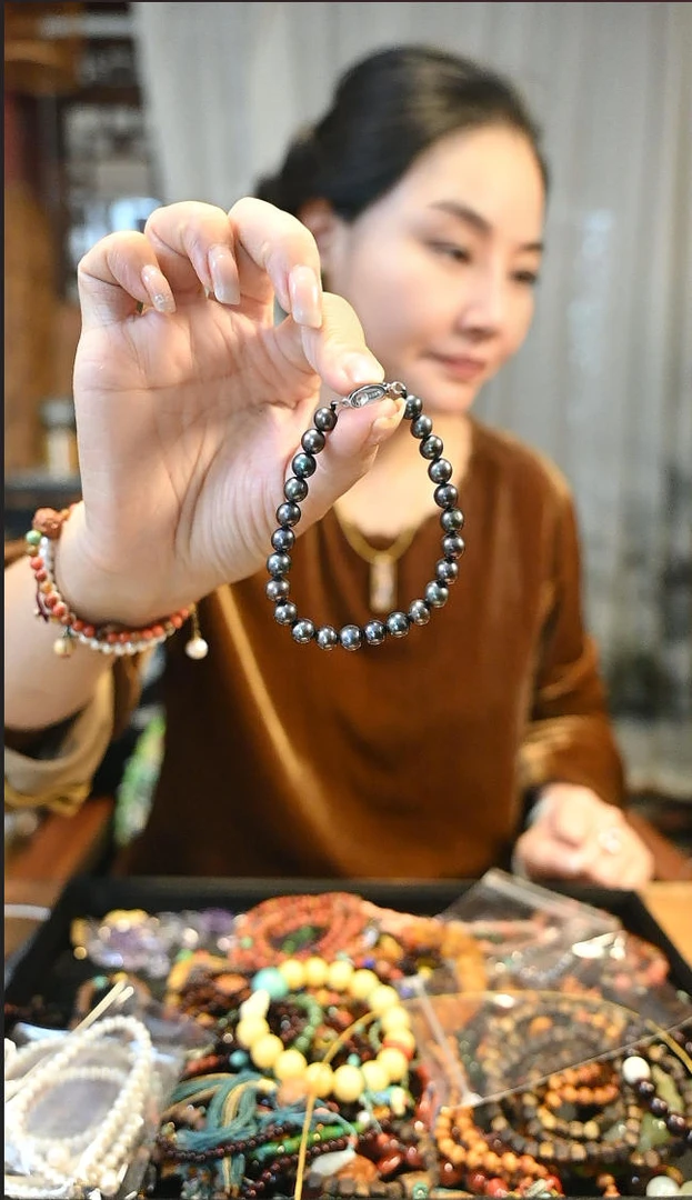 925银珐琅手链 茶-925银扣头黑色珍珍圆珠手串