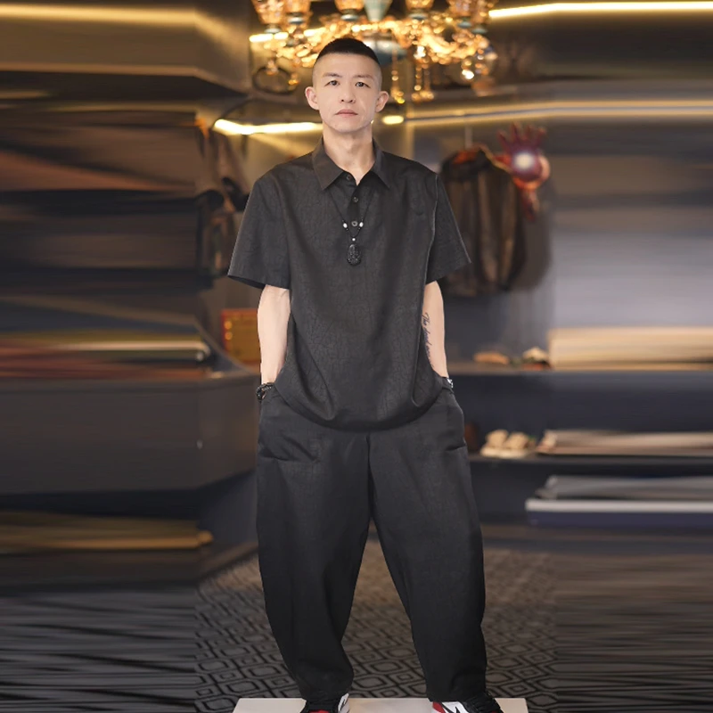 香云纱男士桑蚕丝翻领短袖国风休闲夏季薄款潮流龟裂纹复古风透气