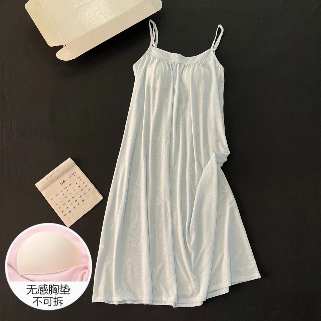 吊带睡裙女生夏季睡衣带胸垫凉感蓝色可外穿夏天性感可外穿家居服
