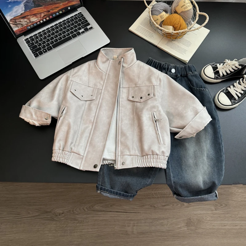 儿童韩版帅气皮衣2025秋季新款外套宝宝立领机车服男童夹克wd058