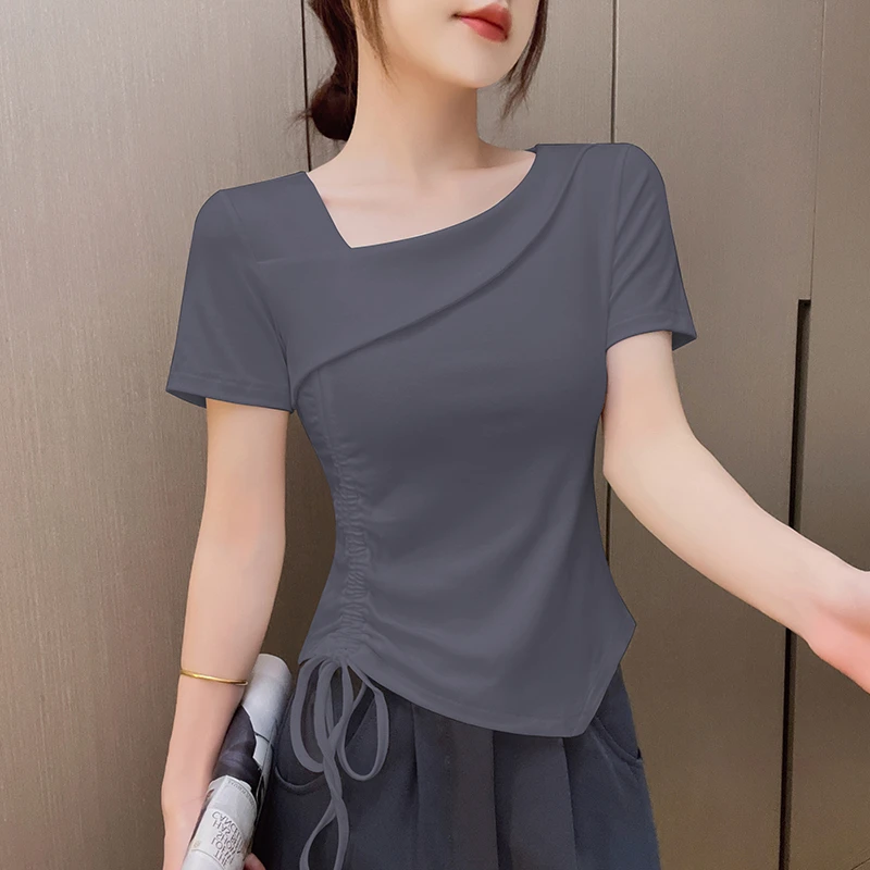 宅萌系人棉纯色斜领不规则抽褶短袖t恤夏季新款简约常规款女衣服