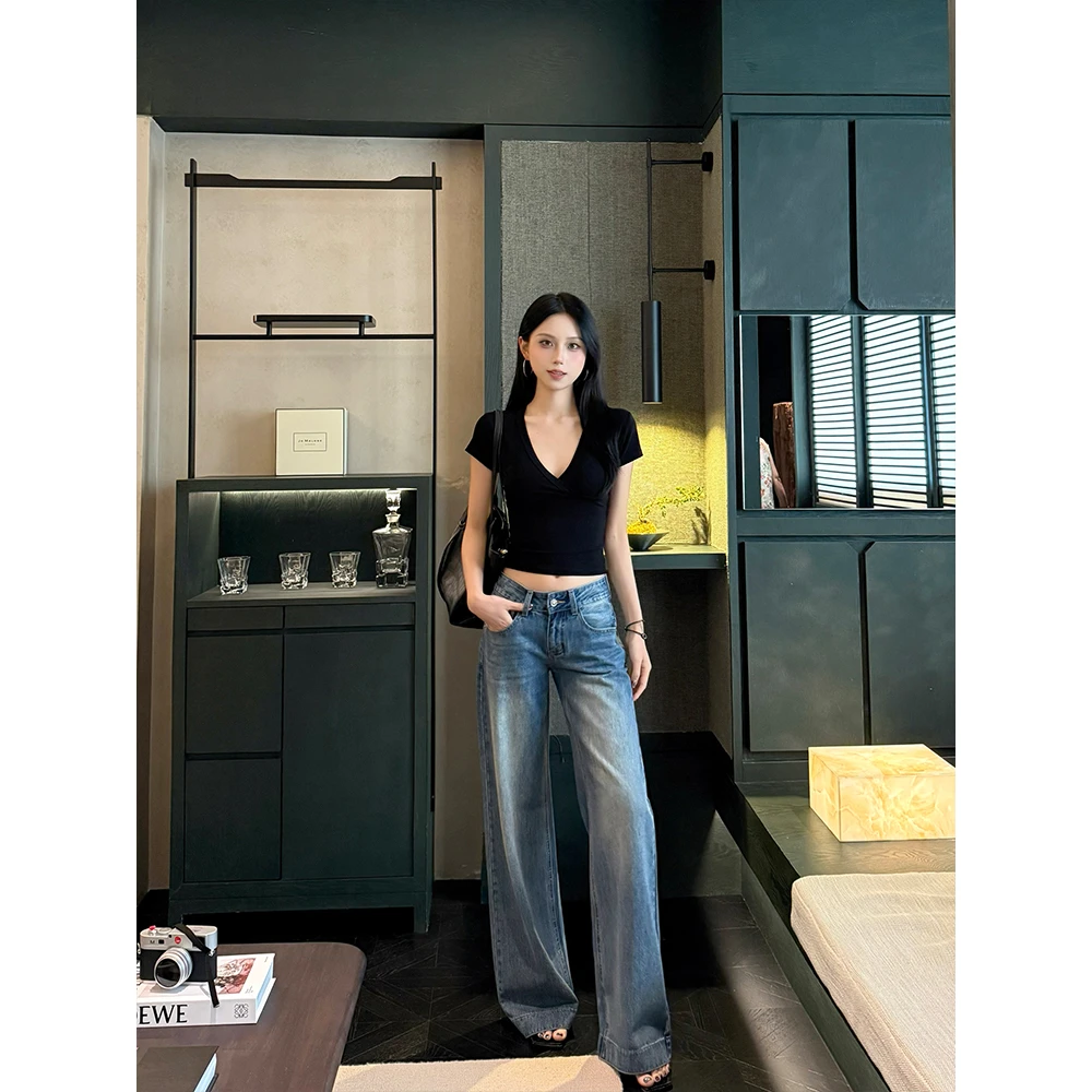 IFMR 新款夏季复古蓝通勤低腰蓝色辣妹时尚宽松时尚阔腿牛仔裤女