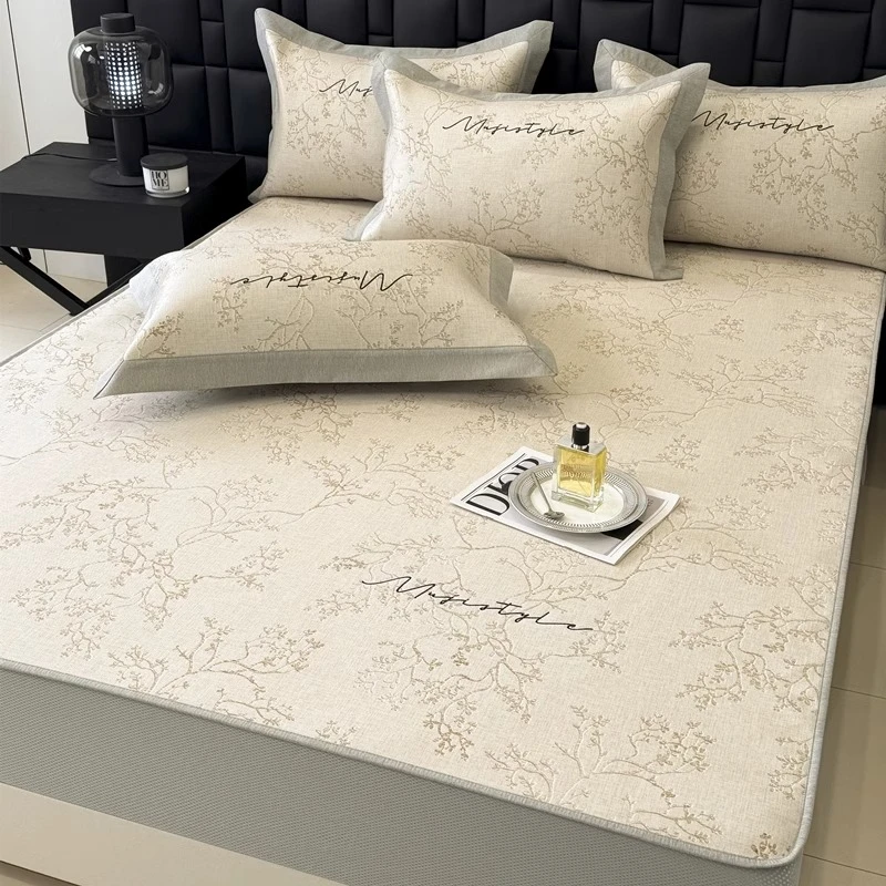 轻奢风新款高端夏季凉席冰丝席可水洗床笠款空调席三件套1.8m夏天