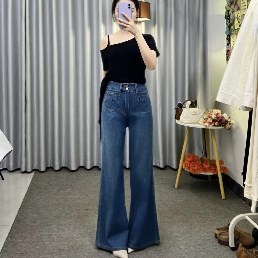 高腰阔腿微喇牛仔裤女2025夏季新款垂感百搭小个子显瘦拖地长裤