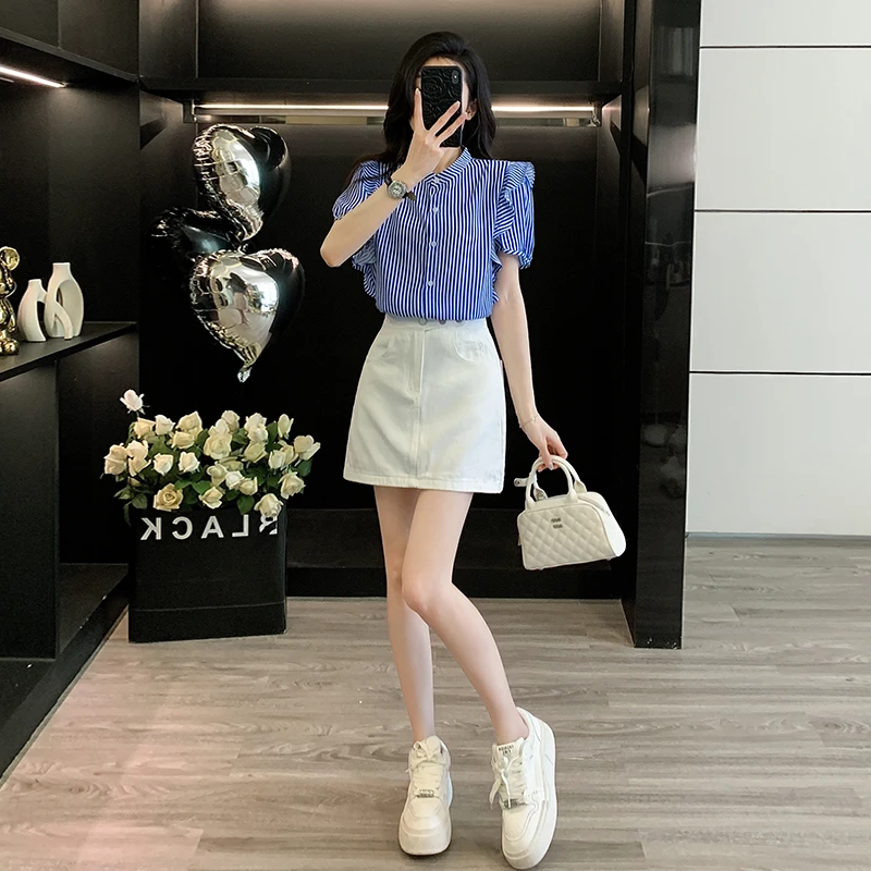 通勤风时尚套裙女2025夏条纹蓝色短袖衬衫白色牛仔短裙两件套薄款