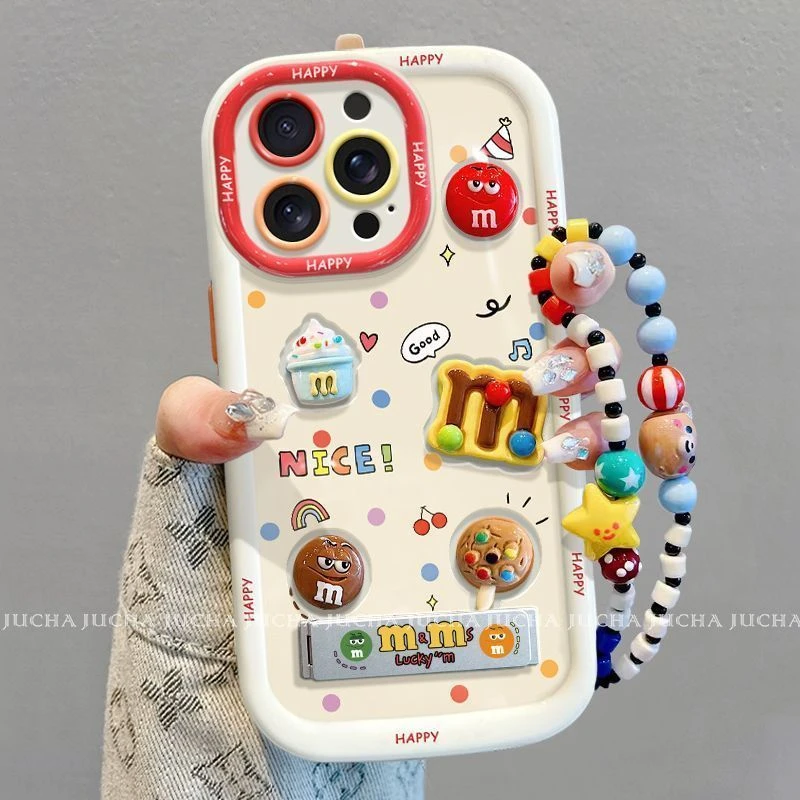 立体m豆适用iphone16promax手机壳带挂链新款苹果15plus简约14女