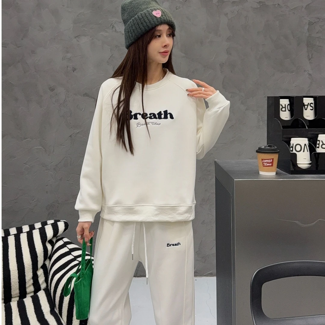 T127冬季新款加绒韩版时尚百搭毛巾绣字母女士圆领运动套装25-190