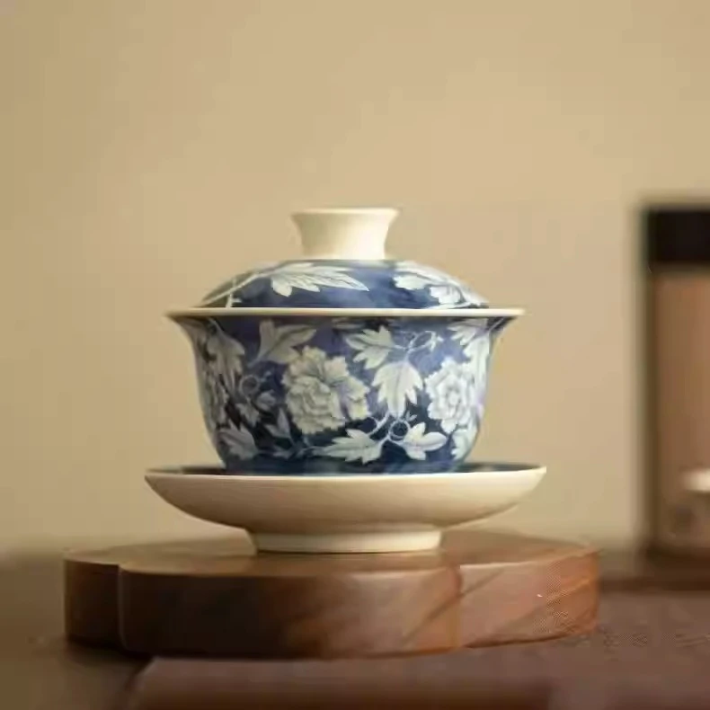 清念堂青花三才盖碗陶瓷茶碗带盖高档家用泡茶器陶瓷茶具  G1534