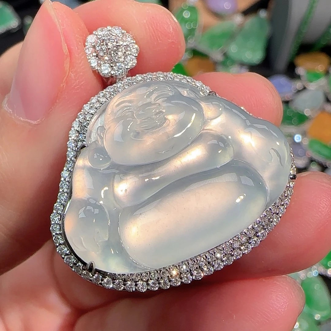 翡翠颈饰18K金镶嵌高冰玻一刀切舒佛