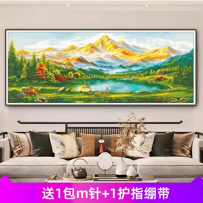 蒙娜丽莎背靠金山聚宝盆十字绣福鹿生财客厅大幅山水风景画非成品