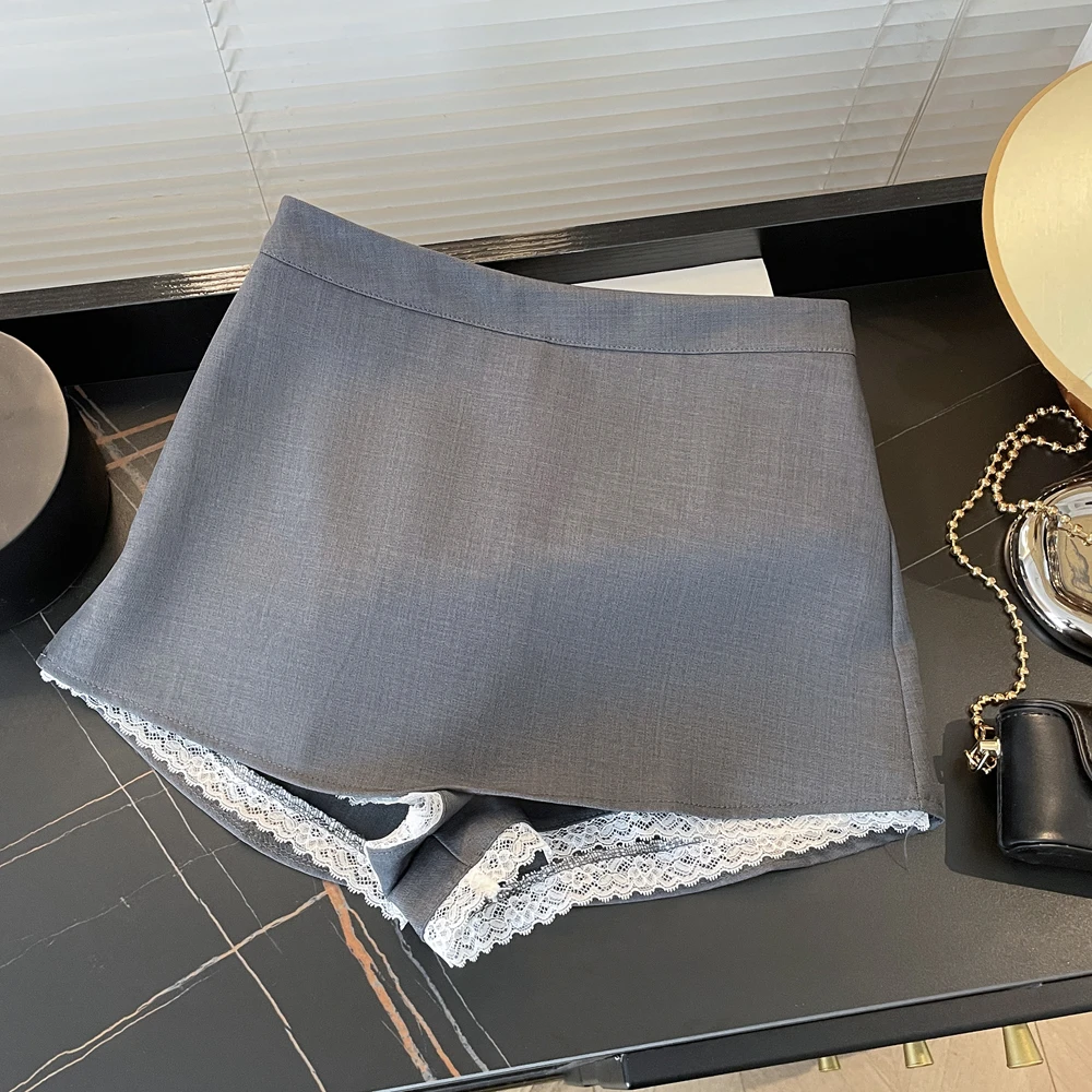 气质灰色西装半身裙蕾丝拼接假两件裤裙高腰A字显瘦火辣包臀短裙