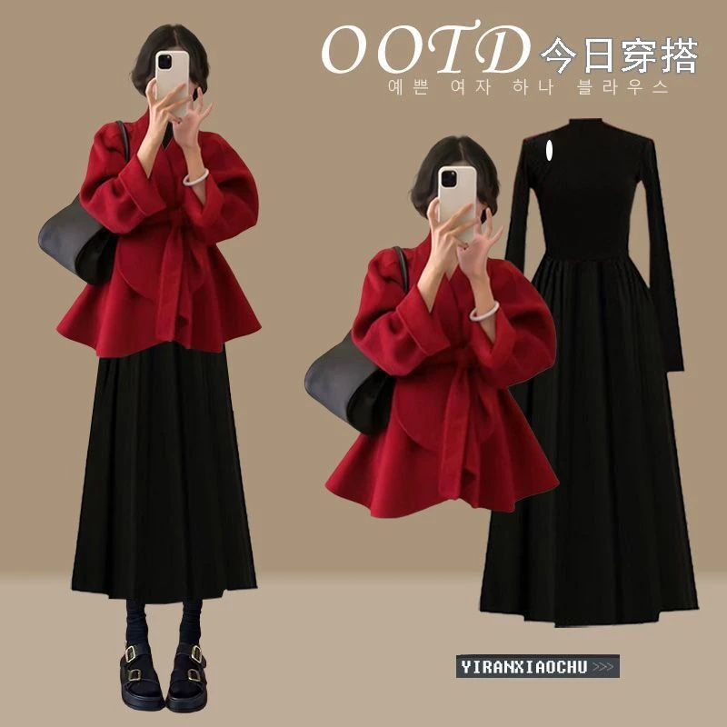 2025秋冬款安可拉红一整套女宽松气质开衫绑带外套连衣裙两件套装