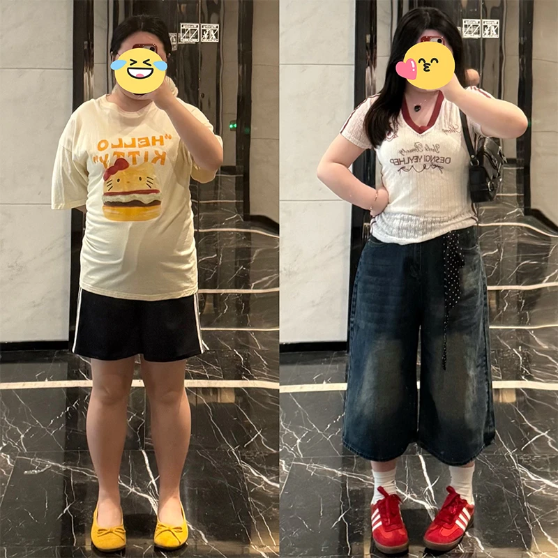 美式高街复古阔腿七分牛仔中裤女夏季高腰大码显瘦宽松直筒短裤子