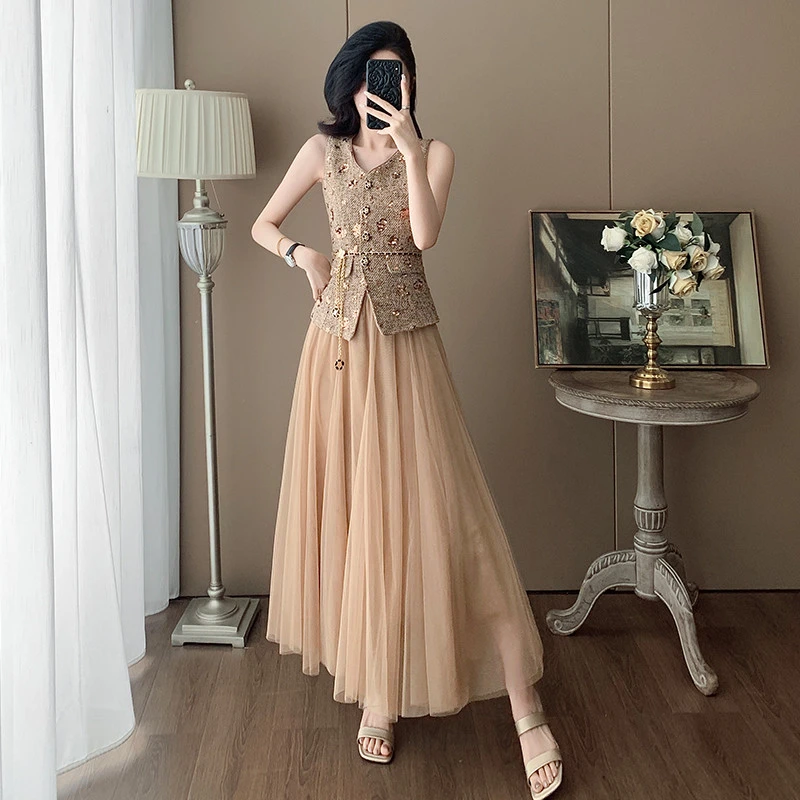 夏季时尚无袖V领亮片马甲小香风套装女洋气法式网纱半身裙两件套