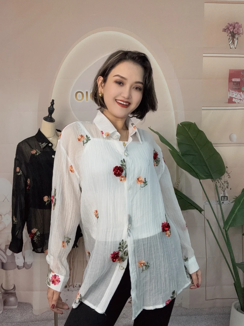 欧洲站休闲衬衣宽松显瘦中长款高级感刺绣长袖上衣女装新款上衣春