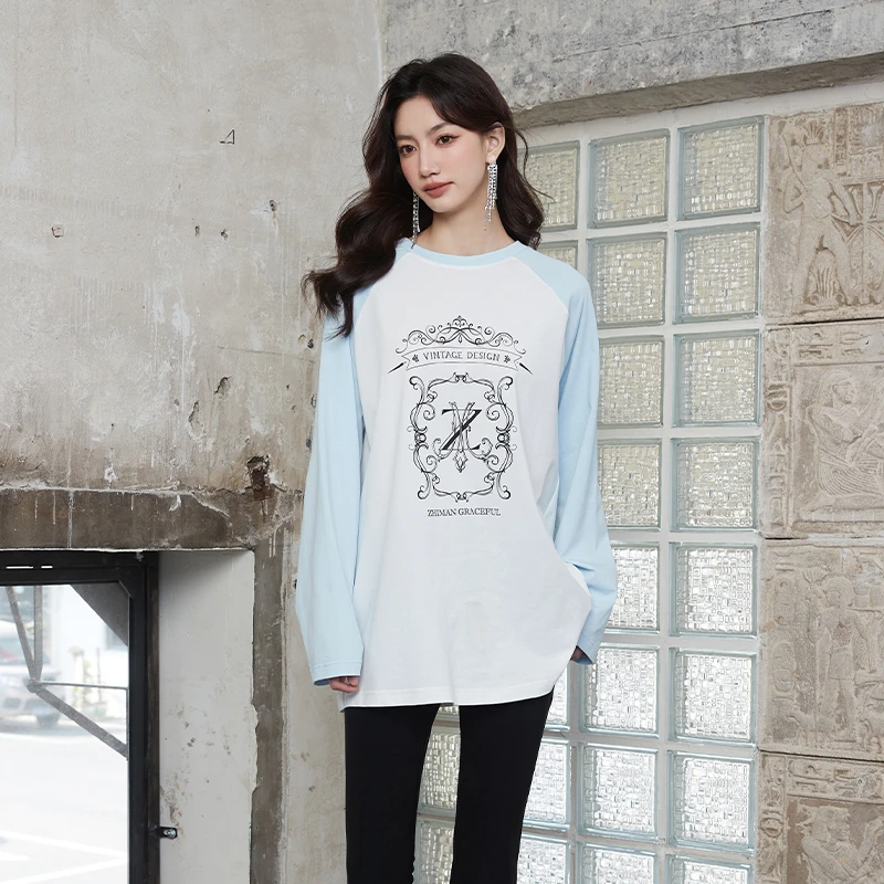 至漫ZHIMAN纯棉t恤女2025新款春季拼接上衣2045