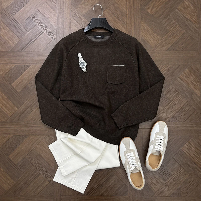 LANSIM· 冬季重磅厚款针织衫长袖男士商务休闲百搭多口袋圆领毛衣