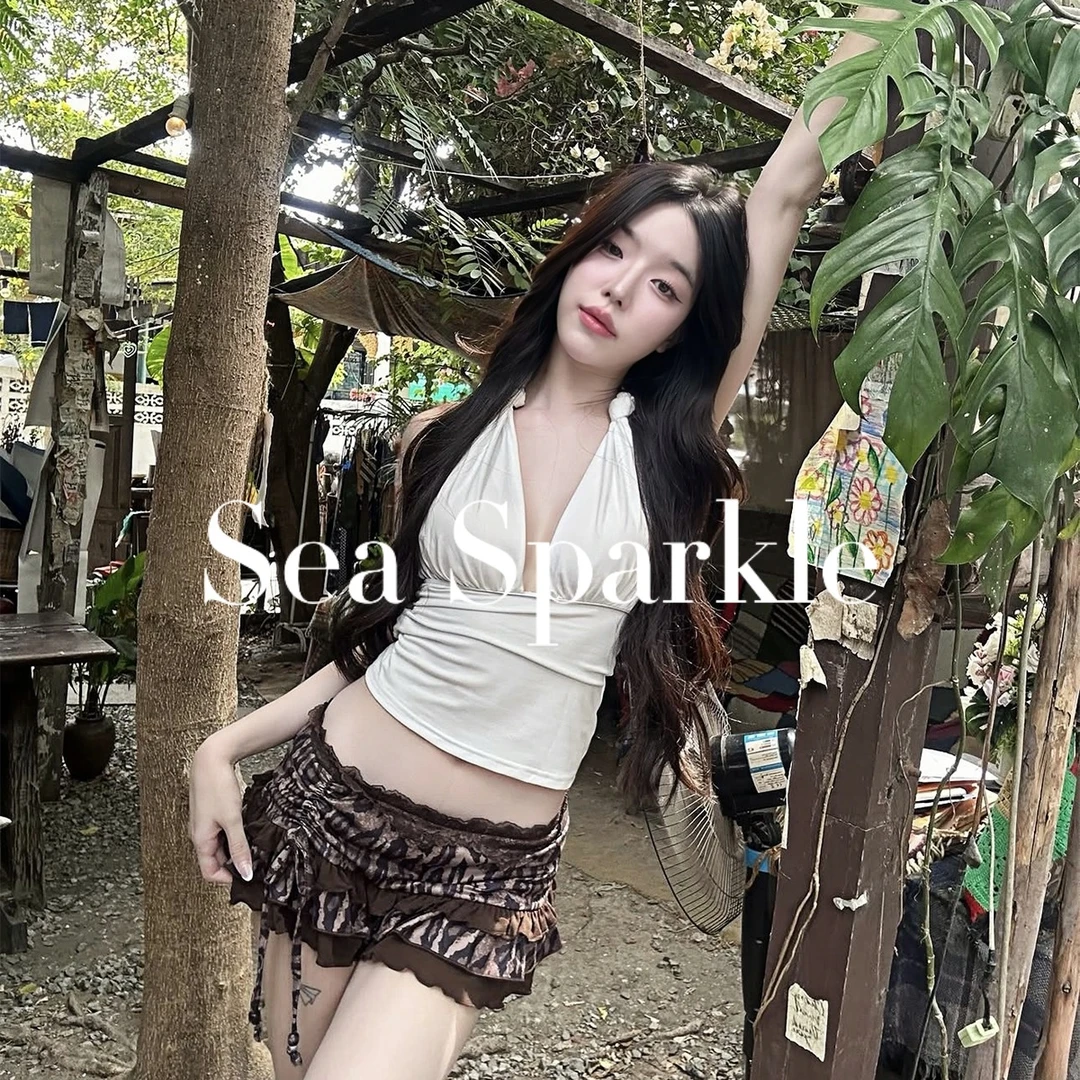 Sea Sparkleins米色挂脖深V露背分体泳衣豹纹短裙性感纯欲温泉