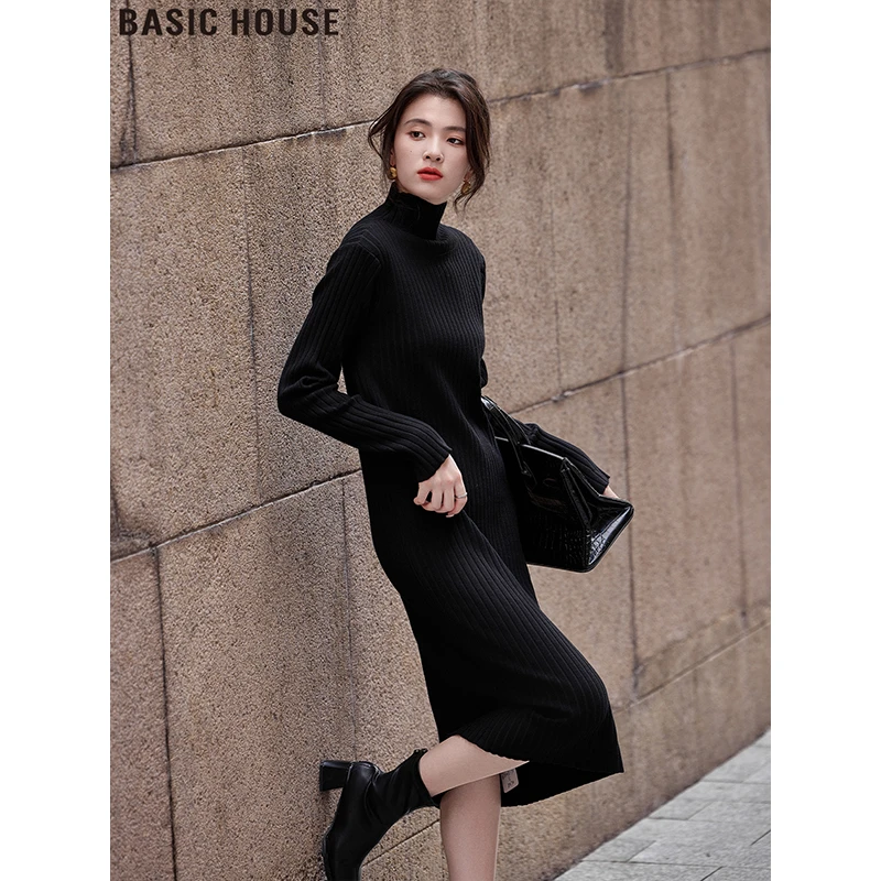 Basic House/百家好中长款高领黑色打底针织连衣裙女2025秋冬内搭