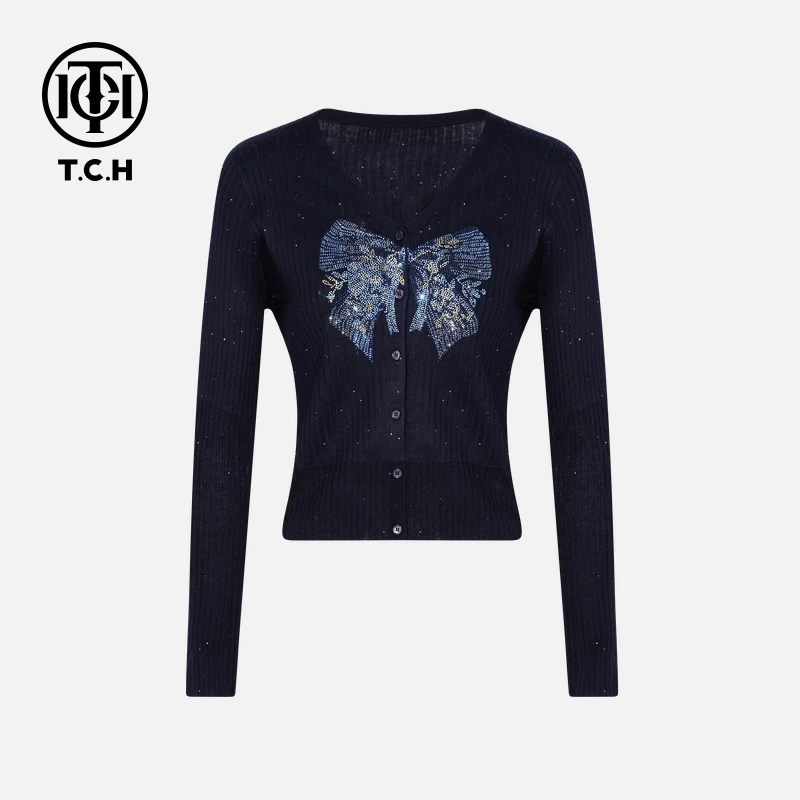 TCH私服烫钻工艺秋季禅意仙气飘飘针织开衫女T75C43E1015轻奢tch