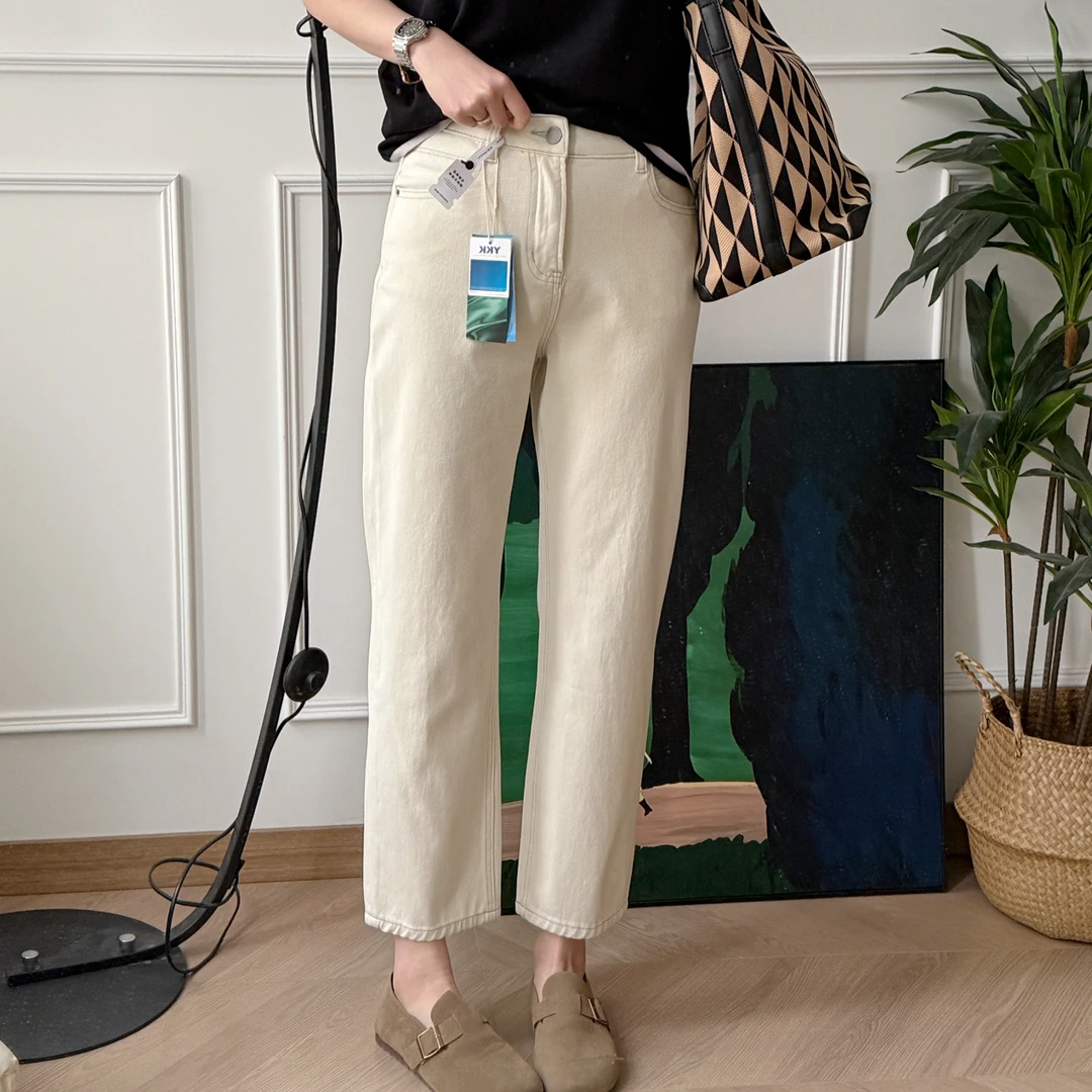 美亚恩NANA【白粉笔】米黄色四面弹法棍裤显瘦九分牛仔裤C0146