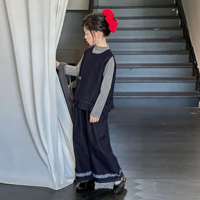 女童套装2025新款中大童春秋洋气时髦韩系ins风牛仔马甲三件套