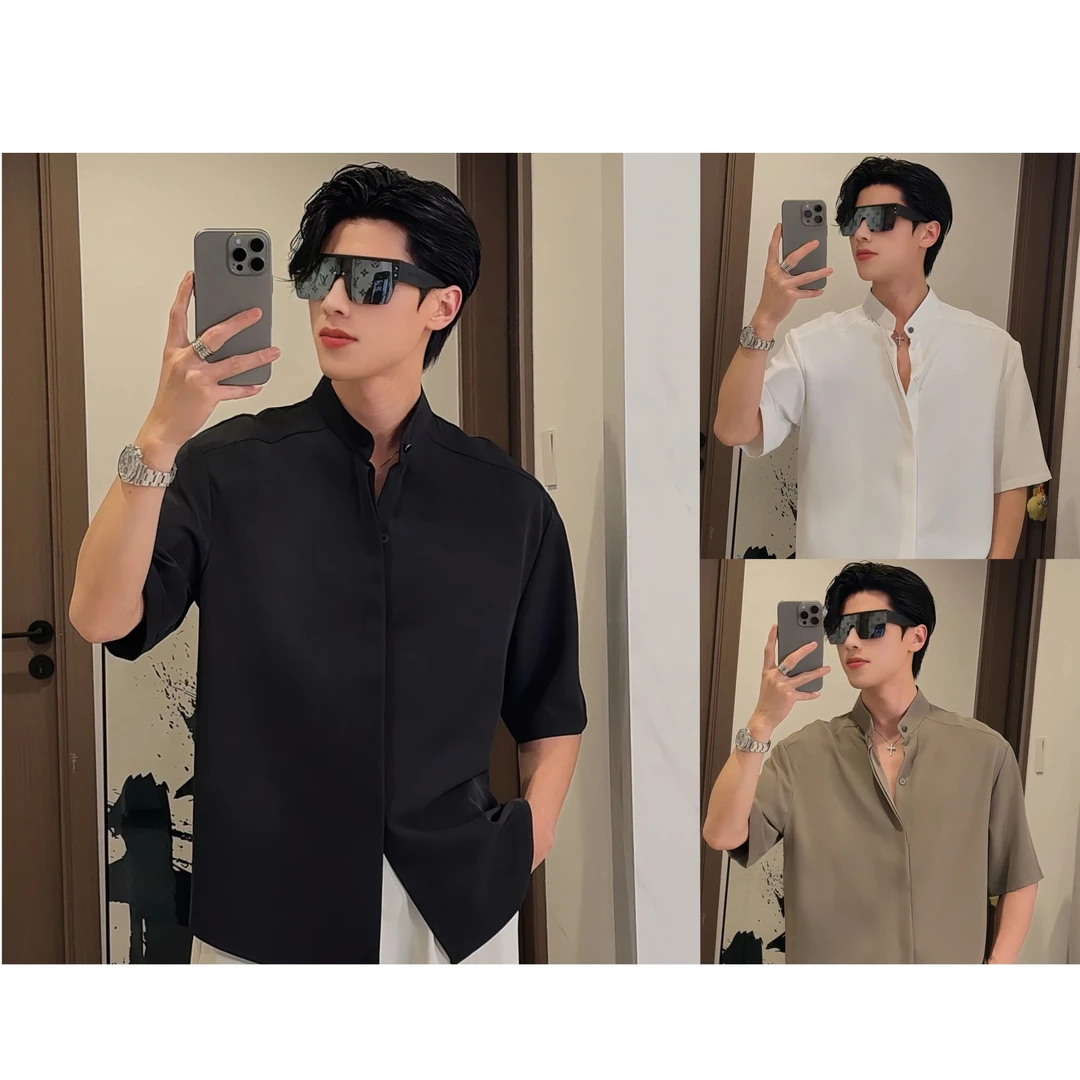 【瑞诚男装】夏季新款男士立领宽松纯色设计师立体裁剪百搭衬衣