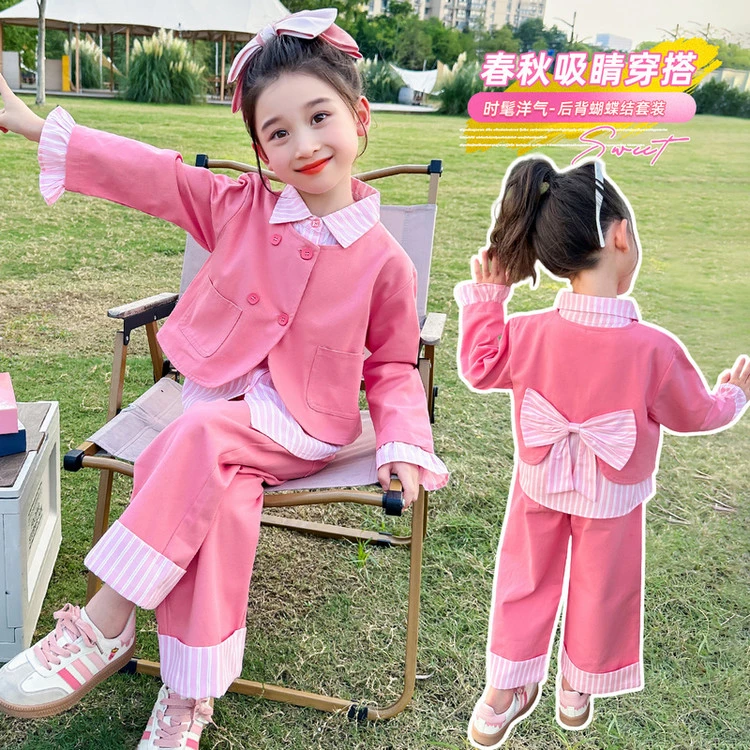 童装2025新款春秋装长袖蝴蝶结春装儿童洋气分体套装公主春秋女童