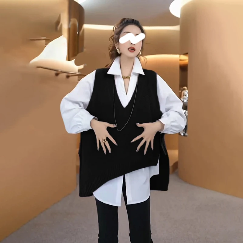 春季新款时尚女装简约通勤长袖打底衬衫v领显瘦针织马甲两件套潮