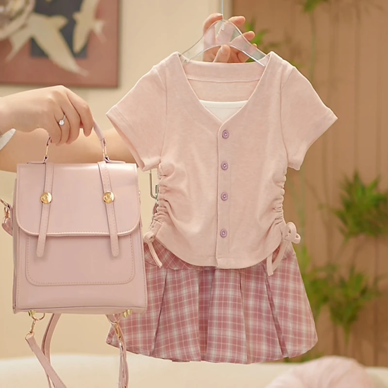 女童格子半身裙套装夏季2025新款儿童甜美夏装女孩收腰T恤两件套