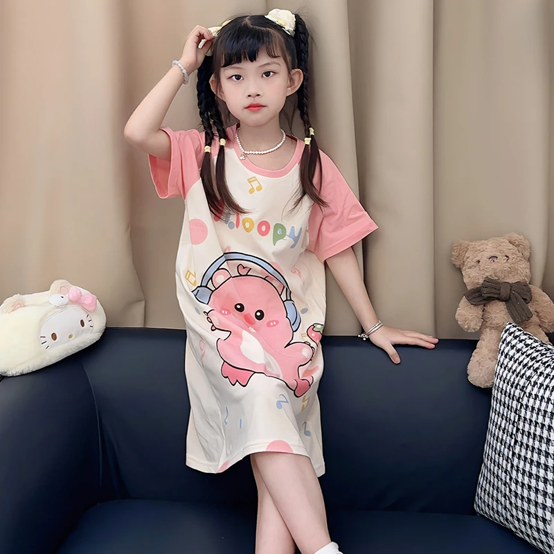 纯棉女童睡裙夏季短袖儿童睡衣中大童女孩可爱卡通家居服裙子夏天