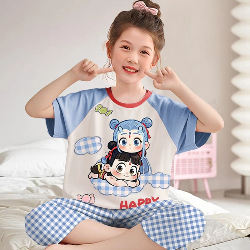 七分裤儿童睡衣女童纯棉薄款夏季大童女孩短袖家居服哪吒2025新款