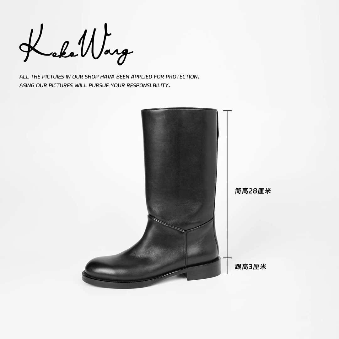 KOKOWANG大筒围粗跟骑士靴真皮直筒显瘦马丁中筒靴545434L09X02