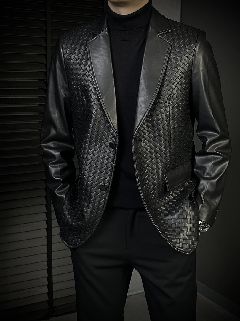 KING&GUCH【100%绵羊皮】秋季2025新款男士商务休闲编织皮西服2529