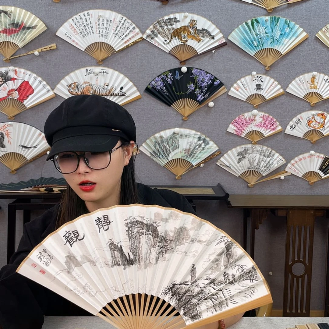 国画8寸玉竹-纯手绘-文玩扇骨（默认粘好）