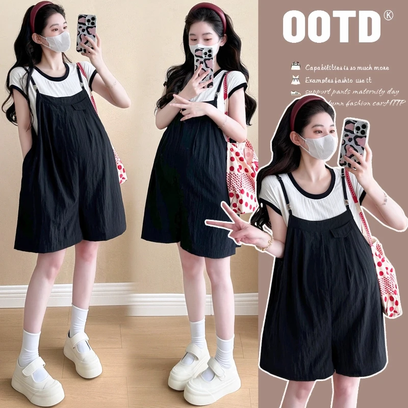 恩朵熊孕妇装2025夏装套装背带裤怀孕吊带裤洋气宽松孕妇两件套