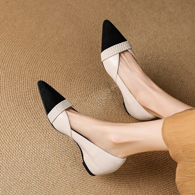 秋新款浅口羊皮单鞋女气质拼色小香风中跟内增高真皮尖头通勤鞋子