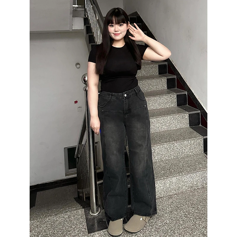 大码女装美式复古直筒牛仔裤女胖mm秋季黑色宽松显瘦裤子阔腿裤