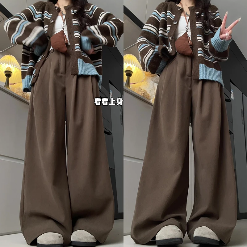 咖色新款女秋季韩系灯芯绒西装裤高腰显瘦垂感休闲慵懒直筒阔腿裤